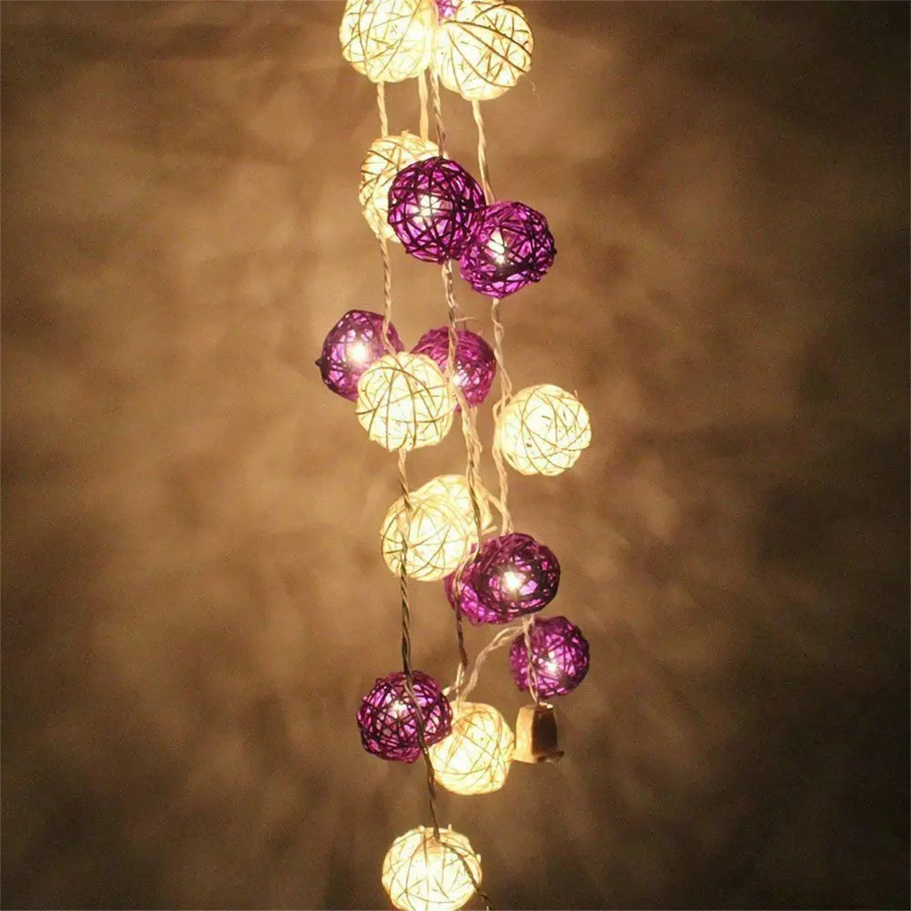 1 Set of Purple n White 5cm Rattan Cane 20 Ball Battery Powered 3m String Lights Christmas Gift Home Wedding Party Bedroom Decoration Table Centrepiece - Image 5