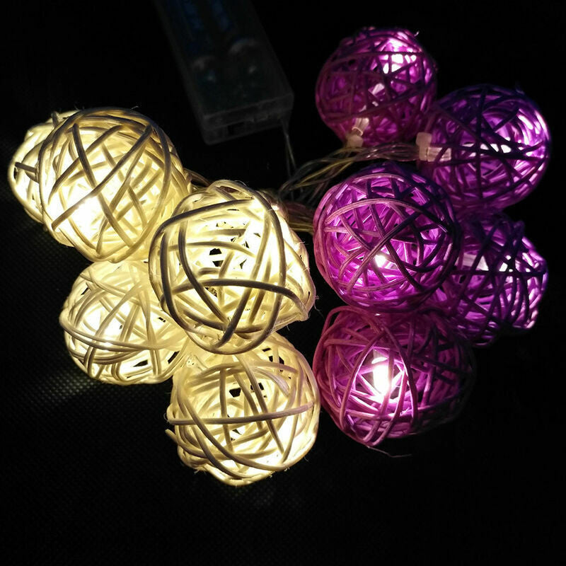 1 Set of Purple n White 5cm Rattan Cane 20 Ball Battery Powered 3m String Lights Christmas Gift Home Wedding Party Bedroom Decoration Table Centrepiece - Image 6
