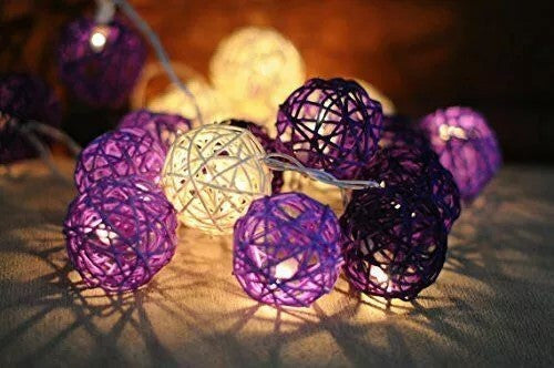 1 Set of Purple n White 5cm Rattan Cane 20 Ball Battery Powered 3m String Lights Christmas Gift Home Wedding Party Bedroom Decoration Table Centrepiece - Image 7