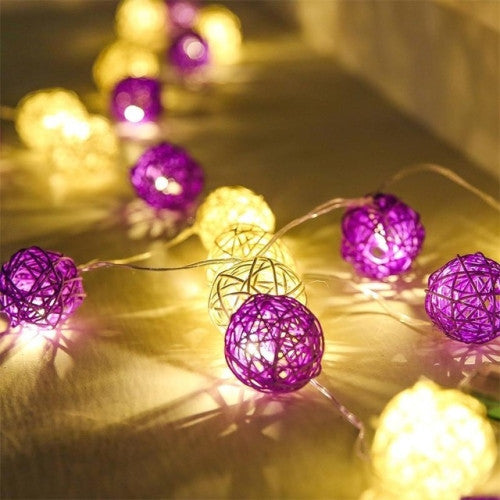 1 Set of Purple n White 5cm Rattan Cane 50 Ball Battery Powered LONG 5m String Lights Christmas Gift Home Wedding Party Bedroom Decoration Table Centrepiece - Image 3