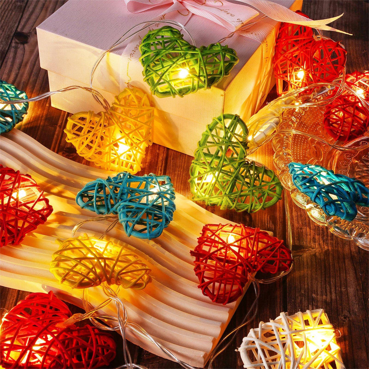 20 Rainbow 3D Hollowed Rattan Heart-Shaped 3M String Fairy Lights, Battery (AA) Indoor & Outdoor Decorations Birthday Kids Celebration PartyRoom Table Lighting