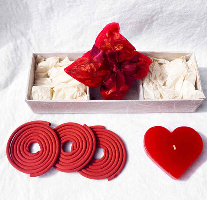 Red Heart Candle Spa Giftset - Red Heart candle, 3 Incense Coils, Pot Porri Satchet in Gift Box - Image 2