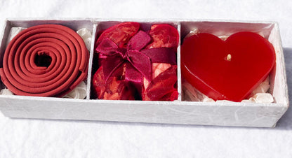 Red Heart Candle Spa Giftset - Red Heart candle, 3 Incense Coils, Pot Porri Satchet in Gift Box - Image 3