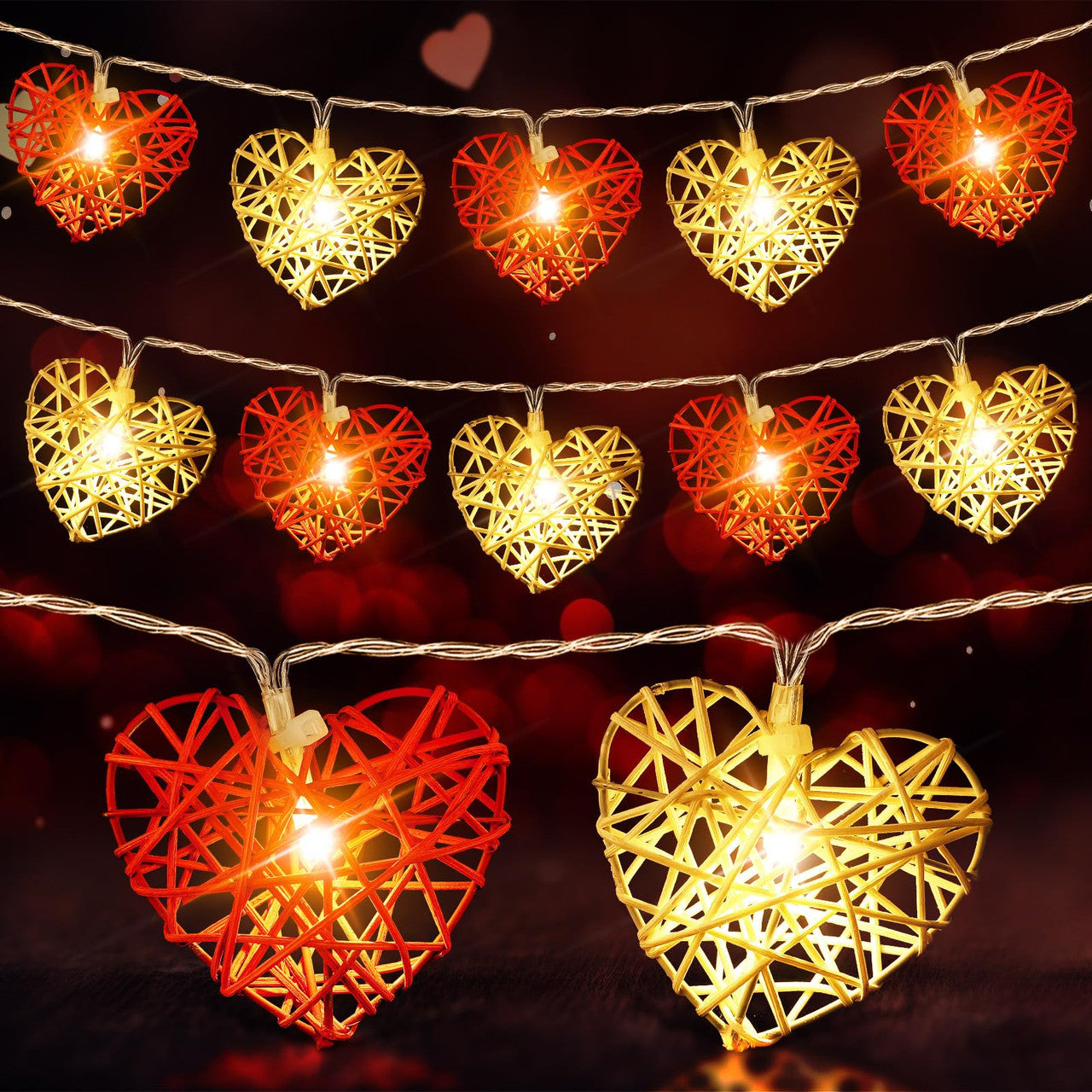 20 Red and White 3D Hollowed Rattan Heart-Shaped 3M String Fairy Lights, Battery (AA) Indoor & Outdoor Decorations Wedding Valentines Romantic Room Table Lighting - Image 3