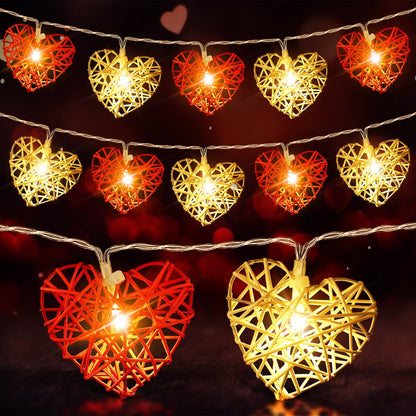 20 Red and White 3D Hollowed Rattan Heart-Shaped 3M String Fairy Lights, Battery (AA) Indoor & Outdoor Decorations Wedding Valentines Romantic Room Table Lighting - Image 3