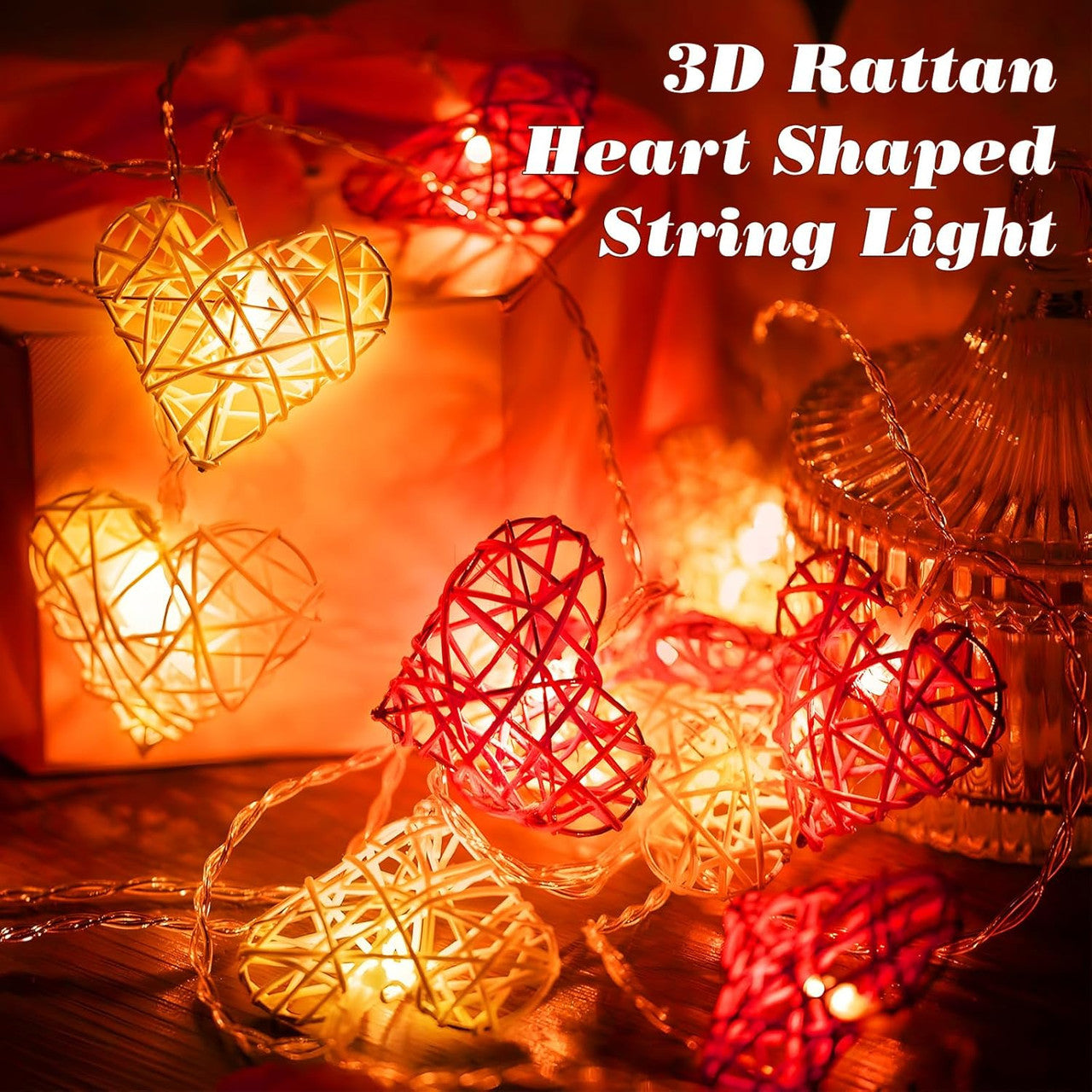 20 Red and White 3D Hollowed Rattan Heart-Shaped 3M String Fairy Lights, Battery (AA) Indoor & Outdoor Decorations Wedding Valentines Romantic Room Table Lighting - Image 4
