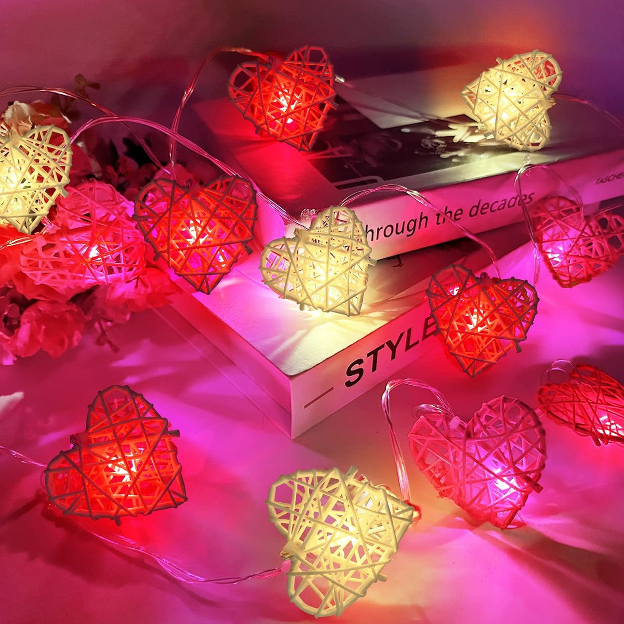 20 Red and White 3D Hollowed Rattan Heart-Shaped 3M String Fairy Lights, Battery (AA) Indoor & Outdoor Decorations Wedding Valentines Romantic Room Table Lighting - Image 5