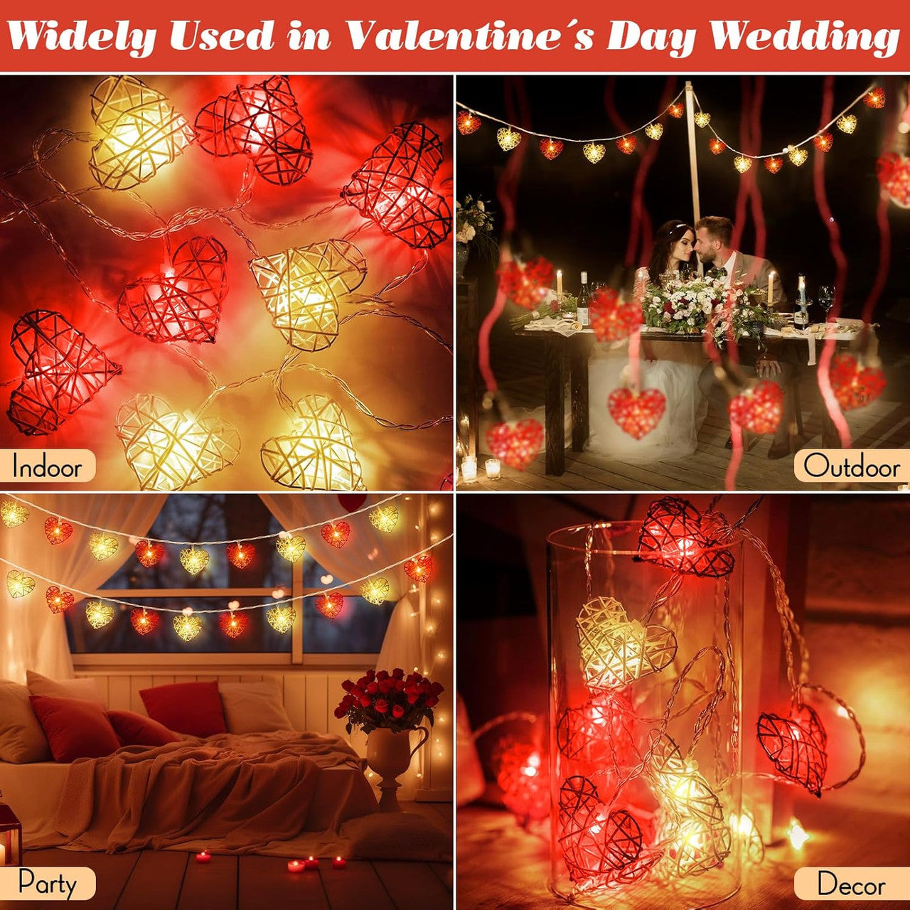 50 Red and White 3D Hollowed Rattan Heart-Shaped 5M LONG String Fairy Lights, Battery (AA) Indoor & Outdoor Decorations Wedding Valentines Romantic Room Table Lighting - Image 2
