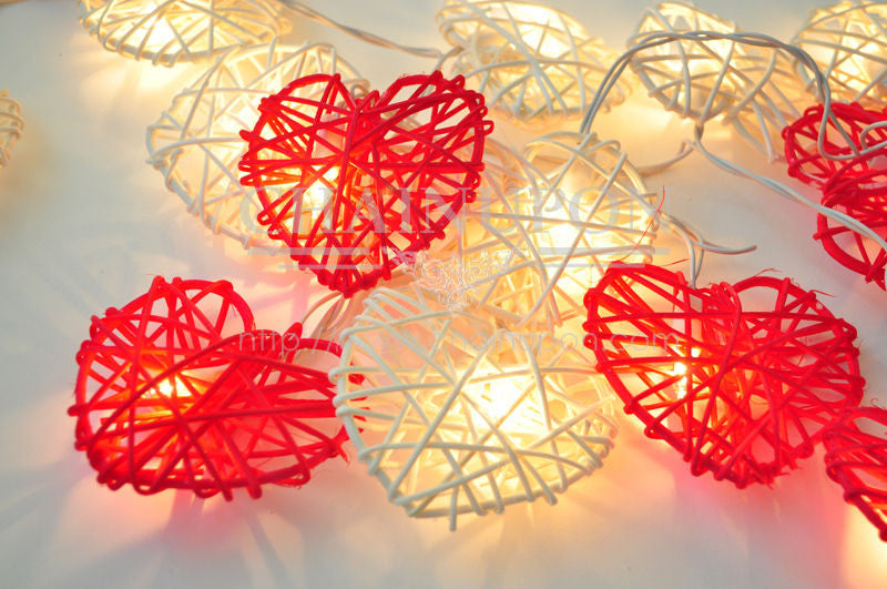 50 Red and White 3D Hollowed Rattan Heart-Shaped 5M LONG String Fairy Lights, Battery (AA) Indoor & Outdoor Decorations Wedding Valentines Romantic Room Table Lighting - Image 7
