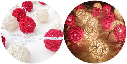 1 Set of Red and White5cm Rattan Cane 20 Ball Battery Powered 3m String Lights Christmas Gift Home Wedding Party Bedroom Decoration Table Centrepiece - Image 4
