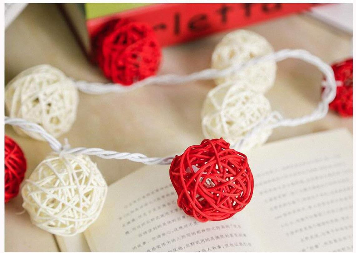 1 Set of Red and White5cm Rattan Cane 20 Ball Battery Powered 3m String Lights Christmas Gift Home Wedding Party Bedroom Decoration Table Centrepiece - Image 5