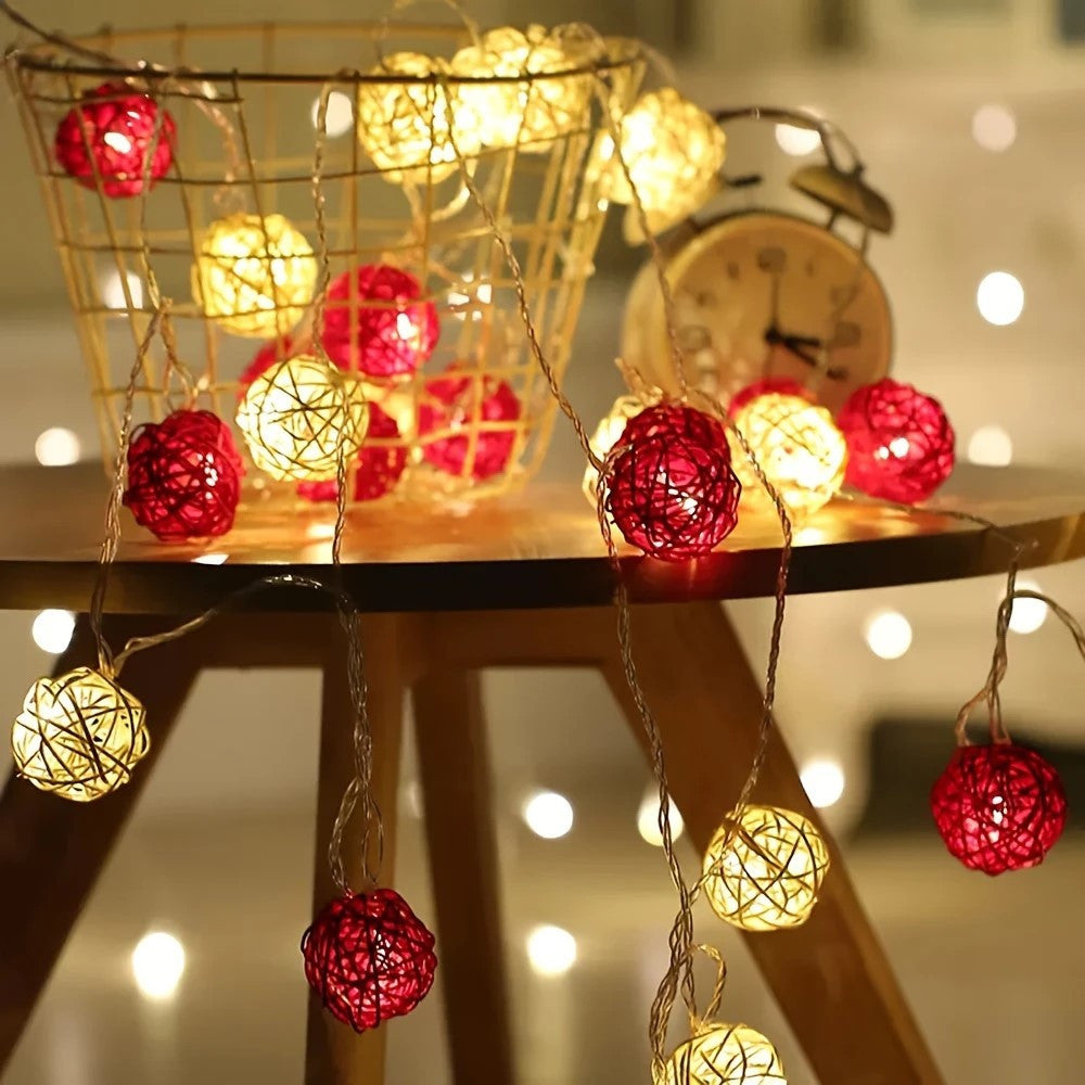 1 Set of Red and White5cm Rattan Cane 20 Ball Battery Powered 3m String Lights Christmas Gift Home Wedding Party Bedroom Decoration Table Centrepiece - Image 7