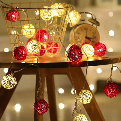 1 Set of Red and White5cm Rattan Cane 20 Ball Battery Powered 3m String Lights Christmas Gift Home Wedding Party Bedroom Decoration Table Centrepiece - Image 7