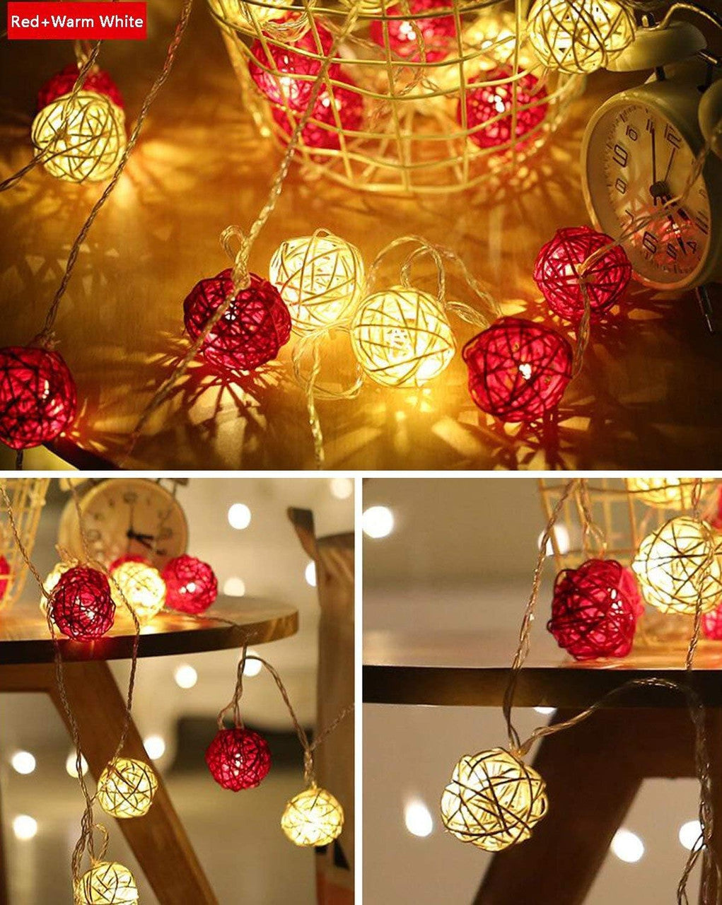 1 Set of Red and White 5cm Rattan Cane 50 Ball Battery Powered LONG 5m String Lights Christmas Gift Home Wedding Party Bedroom Decoration Table Centrepiece - Image 3