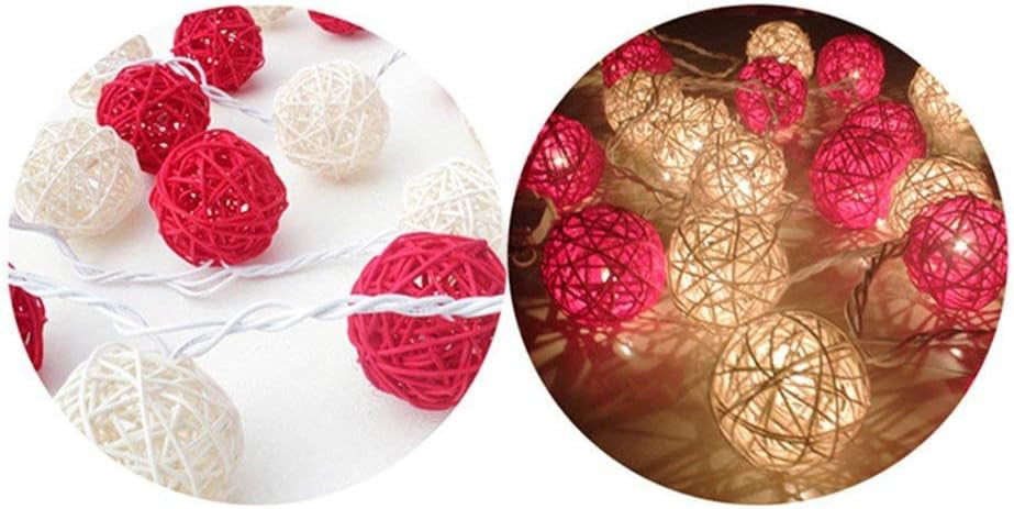 1 Set of Red and White 5cm Rattan Cane 50 Ball Battery Powered LONG 5m String Lights Christmas Gift Home Wedding Party Bedroom Decoration Table Centrepiece - Image 4