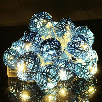 1 Set of Turquoise Blue 5cm Rattan Cane 50 Ball Battery Powered LONG 5m String Lights Christmas Gift Home Wedding Party Bedroom Decoration Table Centrepiece - Image 2