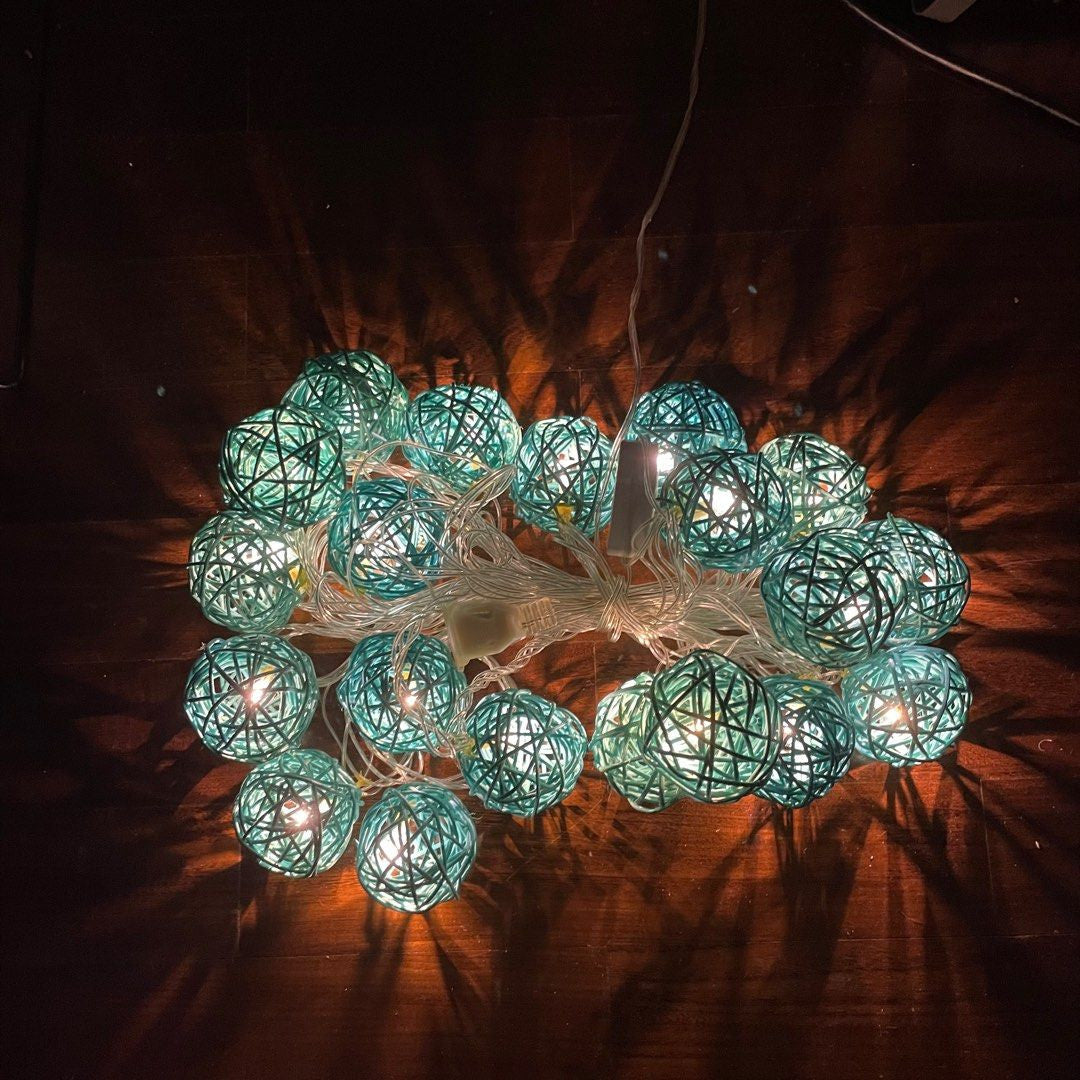 1 Set of Turquoise Blue 5cm Rattan Cane 50 Ball Battery Powered LONG 5m String Lights Christmas Gift Home Wedding Party Bedroom Decoration Table Centrepiece - Image 3