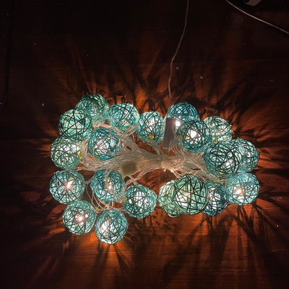 1 Set of Turquoise Blue 5cm Rattan Cane 50 Ball Battery Powered LONG 5m String Lights Christmas Gift Home Wedding Party Bedroom Decoration Table Centrepiece - Image 3