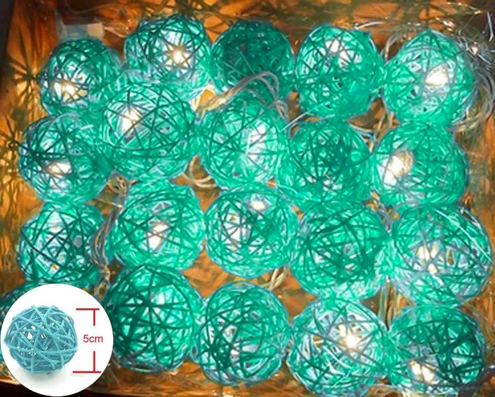 1 Set of Turquoise Blue 5cm Rattan Cane 50 Ball Battery Powered LONG 5m String Lights Christmas Gift Home Wedding Party Bedroom Decoration Table Centrepiece - Image 6