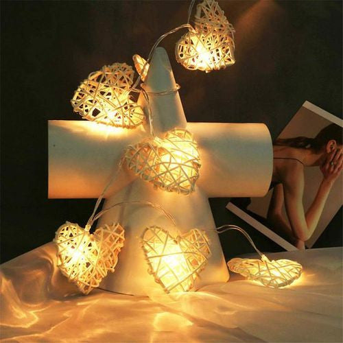 20 White 3D Hollowed Rattan Heart-Shaped 3M String Fairy Lights, Battery (AA) Indoor & Outdoor Decorations Wedding Valentines Romantic Room Table Lighting - Image 6