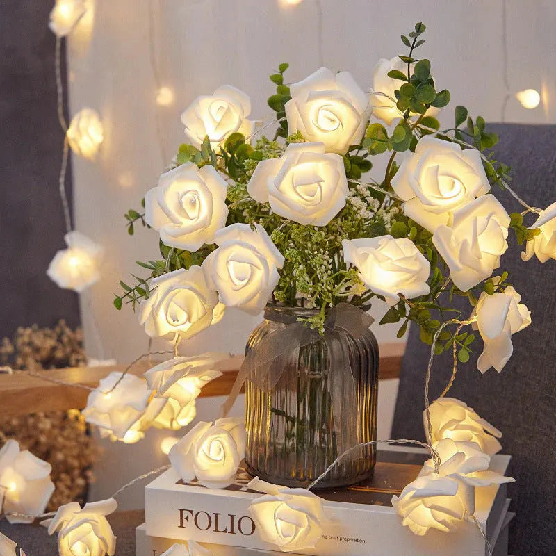 50 White Rose 3D Fairy Lights 5M LONG String, Battery (AA) Indoor & Outdoor Decorations Wedding Valentines Romantic Room Table Lighting