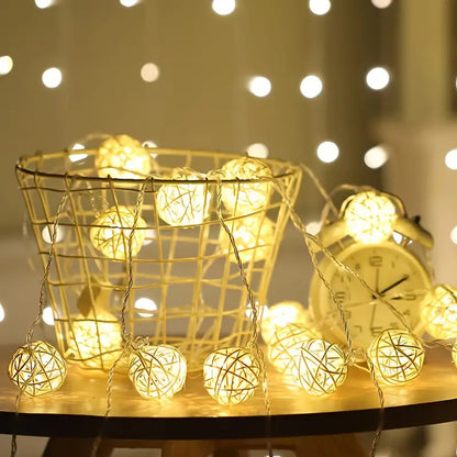 1 Set of Yellow 5cm Rattan Cane 20 Ball Battery Power 3m String Lights Christmas Gift Home Wedding Party Bedroom Decoration Table Centrepiece - Image 3