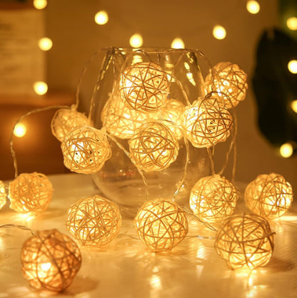 1 Set of Yellow 5cm Rattan Cane 20 Ball Battery Power 3m String Lights Christmas Gift Home Wedding Party Bedroom Decoration Table Centrepiece - Image 4