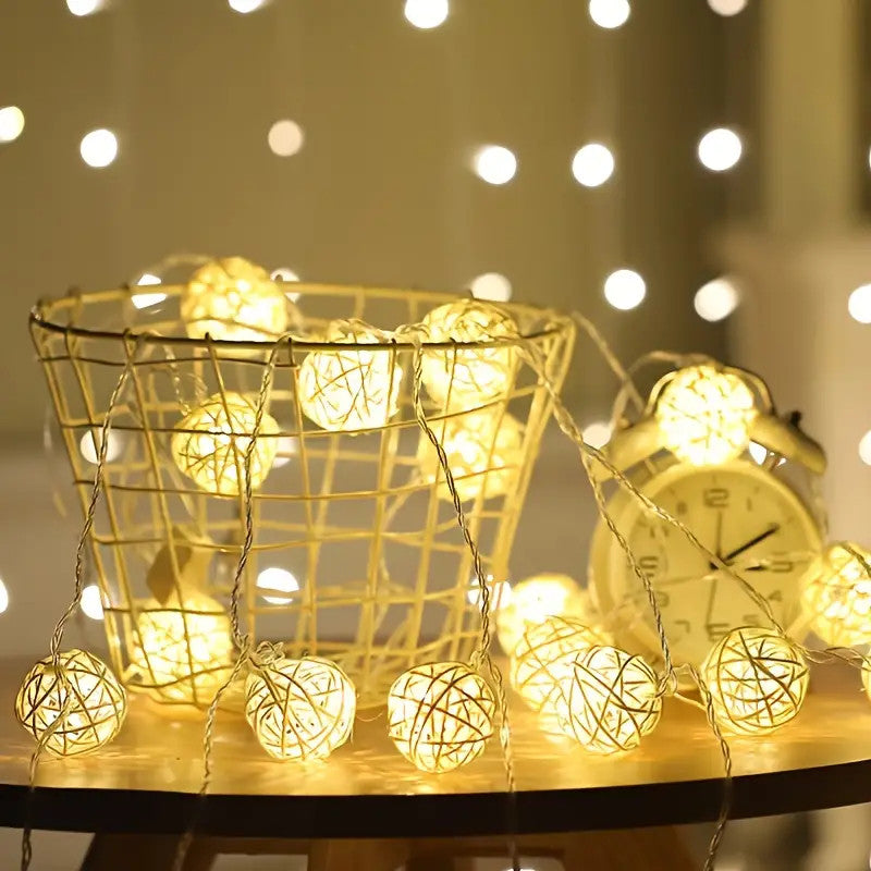 1 Set of Yellow 5cm Rattan Cane 50 Ball Battery Power LONG 5m String Lights Christmas Gift Home Wedding Party Bedroom Decoration Table Centrepiece - Image 3