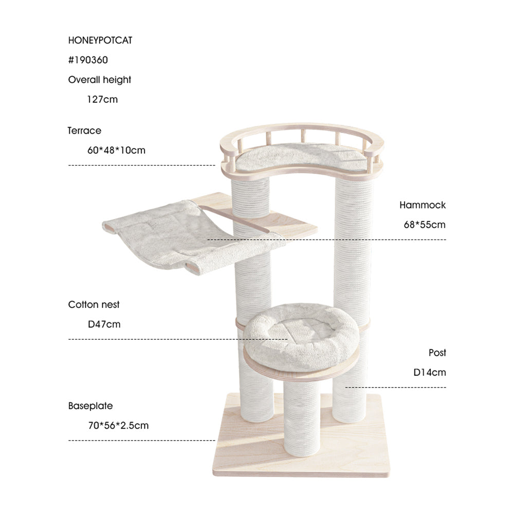 HONEYPOTCAT Leisure Loft With Hammock & Scratch Post - White Velvet - 127cm - Image 2