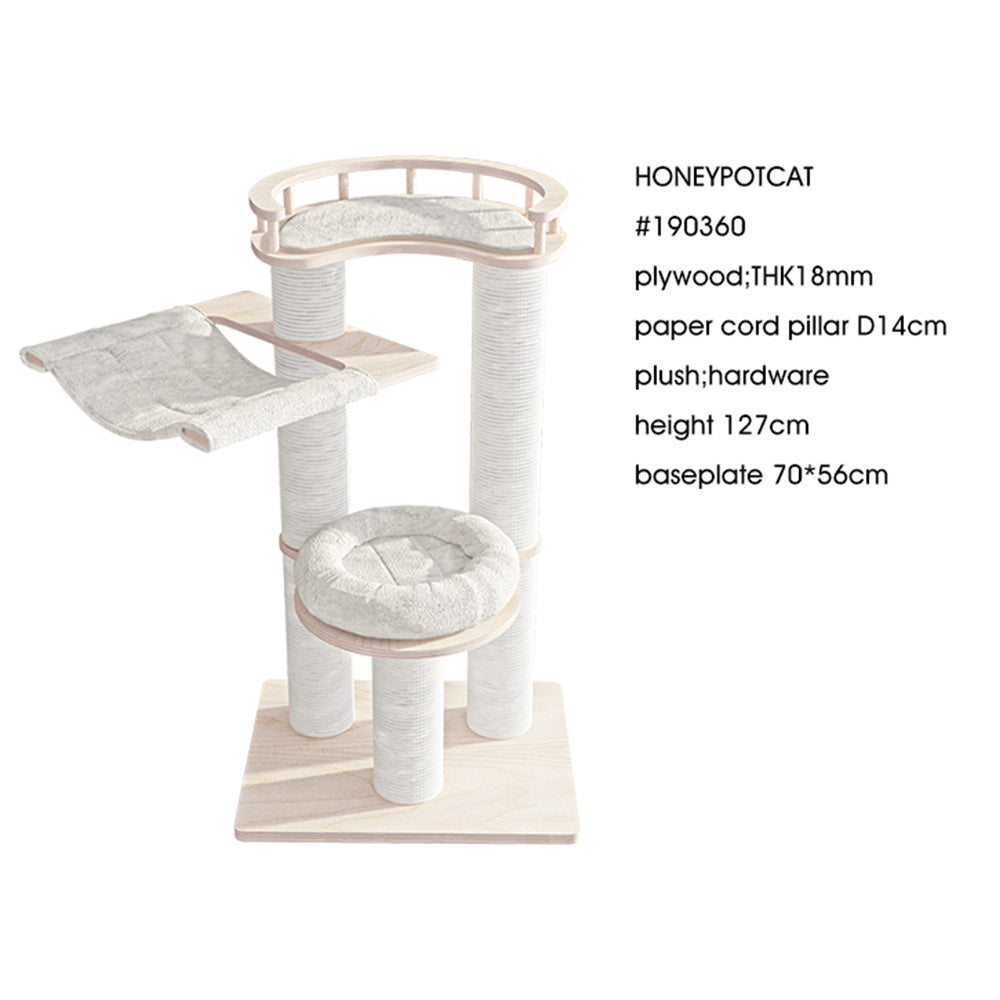 HONEYPOTCAT Leisure Loft With Hammock & Scratch Post - White Velvet - 127cm - Image 4