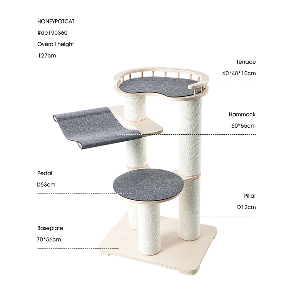 HONEYPOTCAT Leisure Loft With Hammock & Scratch Post - Gray Felt - 127cm - Image 2