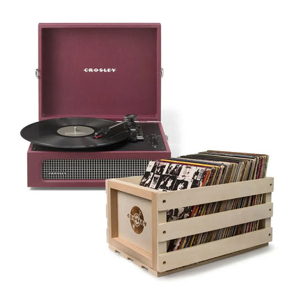 Crosley Voyager Bluetooth Portable Turntable + Bundled Record Storage Crate - Burgundy