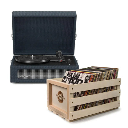 Crosley Voyager Bluetooth Portable Turntable + Bundled Record Storage Crate - Navy