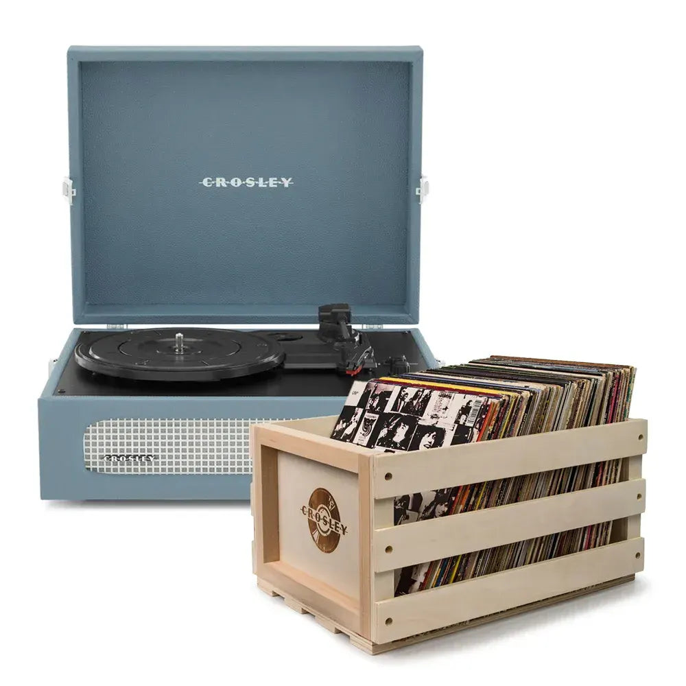 Crosley Voyager Bluetooth Portable Turntable + Bundled Record Storage Crate - Washed Blue
