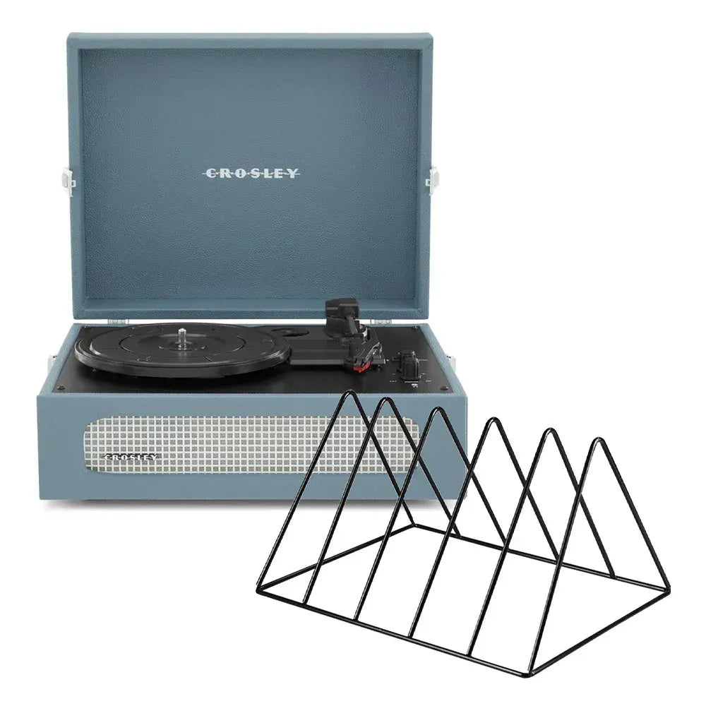Crosley Voyager Bluetooth Portable Turntable + Gadhouse Vinyl Rack Bundle - Washed Blue