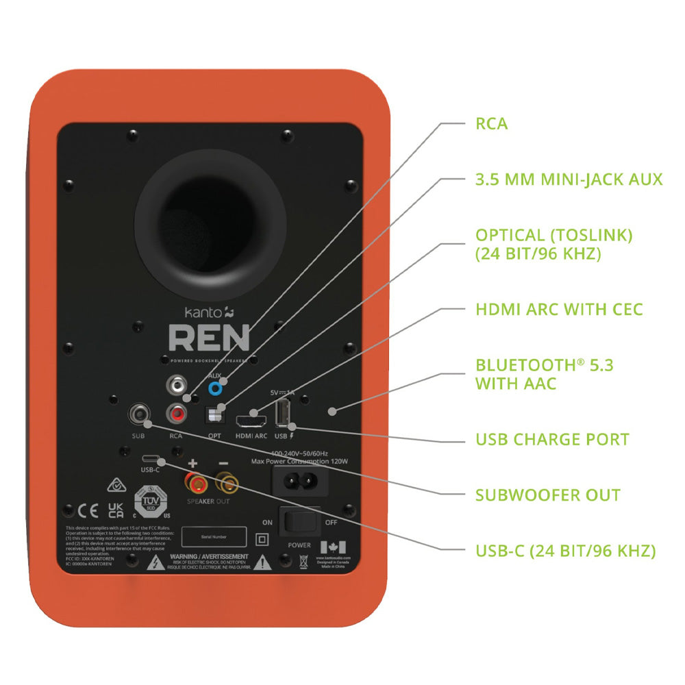 Kanto REN 200W Powered Bookshelf Speakers with HDMI ARC, USB-C, and Bluetooth 5.3 - Matte Orange, Pair - Image 2