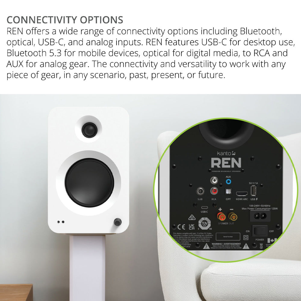 Kanto REN 200W Powered Bookshelf Speakers with HDMI ARC, USB-C, and Bluetooth 5.3 - Matte White, Pair - Image 4
