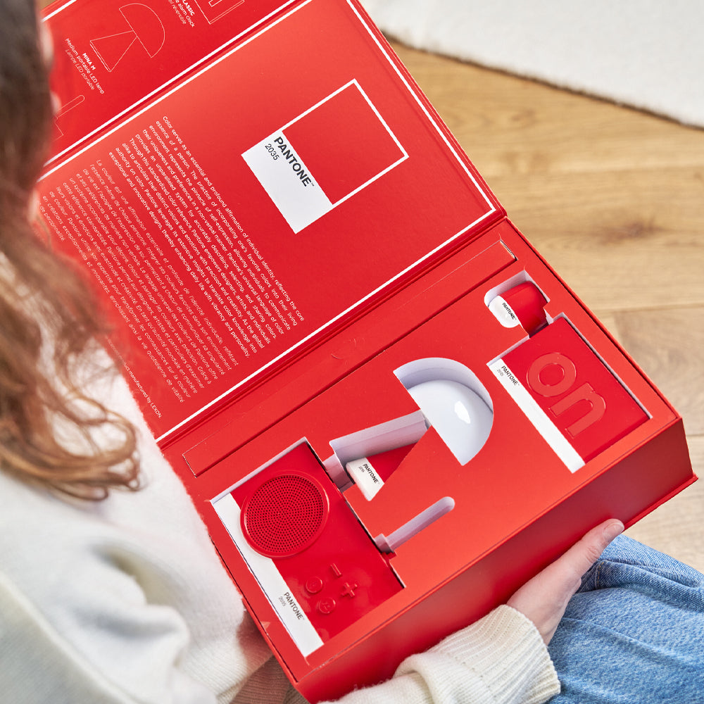 Lexon GIFT Set PANTONE - Includes Mino+ Mini Speaker, Flip Classic Clock, Mina M Lamp, Thykho 3  Speaker - 2035 Red - Image 2