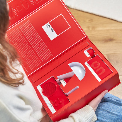 Lexon GIFT Set PANTONE - Includes Mino+ Mini Speaker, Flip Classic Clock, Mina M Lamp, Thykho 3  Speaker - 2035 Red - Image 2