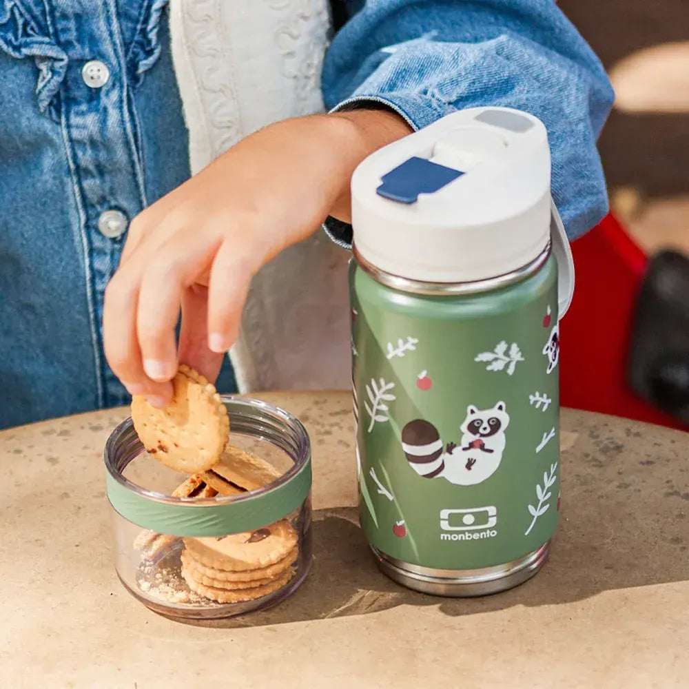 Monbento Twisty Kids Water Bottle with Snack Container- Racoon - Image 4