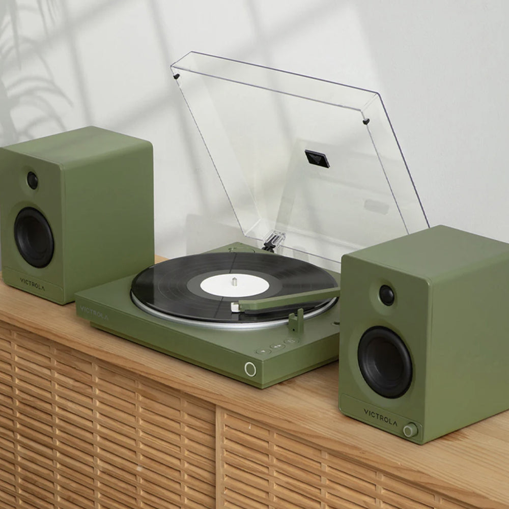 Victrola Automatic Turntable + Victrola Tempo Bookshelf Speakers Bundle - Green - Image 2