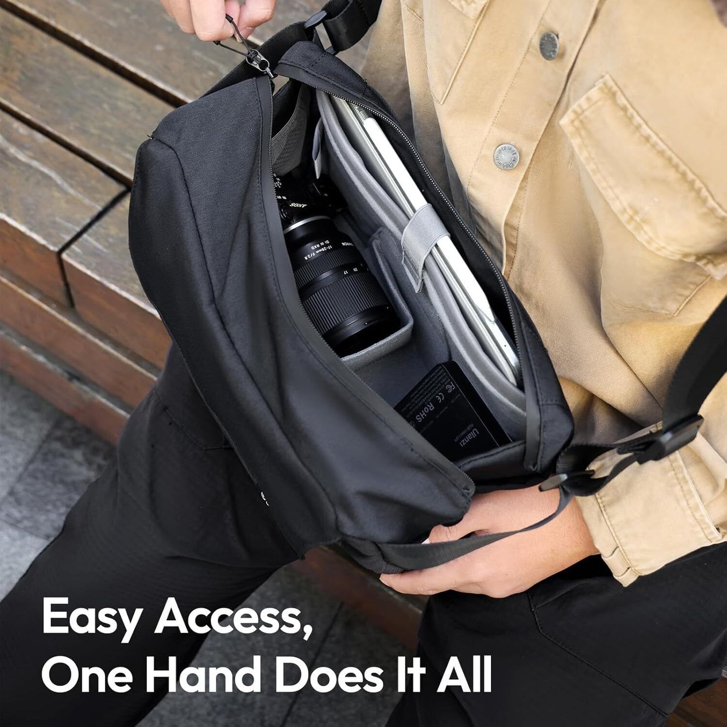 ULANZI BP11 8L Camera Sling Bag with Tripod Holder for Men Women, Lightweight Splash-proof DSLR/Mirrorless Anti-Theft Crossbody Bag for Travel Hiking Photography Customizable Front Pocket Camera Bag

 - Image 4
