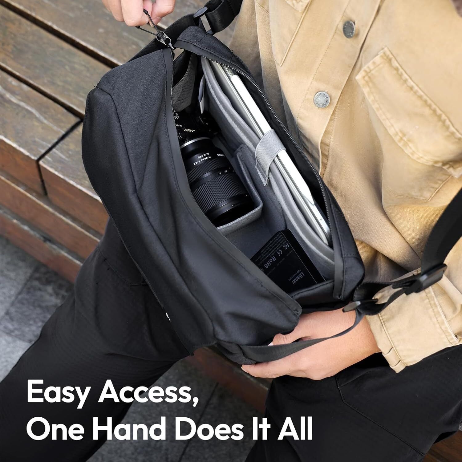 ULANZI BP11 8L Camera Sling Bag with Tripod Holder for Men Women, Lightweight Splash-proof DSLR/Mirrorless Anti-Theft Crossbody Bag for Travel Hiking Photography Customizable Front Pocket Camera Bag

 - Image 4