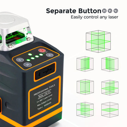 CIGMAN Laser Level Self Leveling 3x360° 3D Green Cross Line for Construction and Picture Hanging, Rechargeable battery, Remote Controller, Magnetic Rotating Stand Included - Image 5