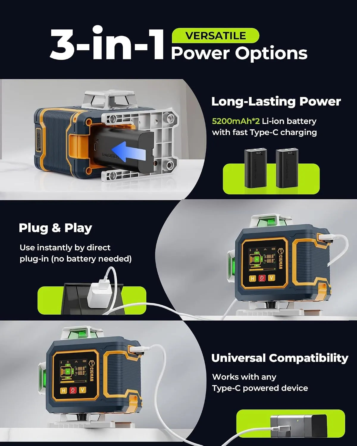 CIGMAN 16 Lines Green Laser Level 4×360° Self Leveling, Side LCD, CMS04 - Image 5
