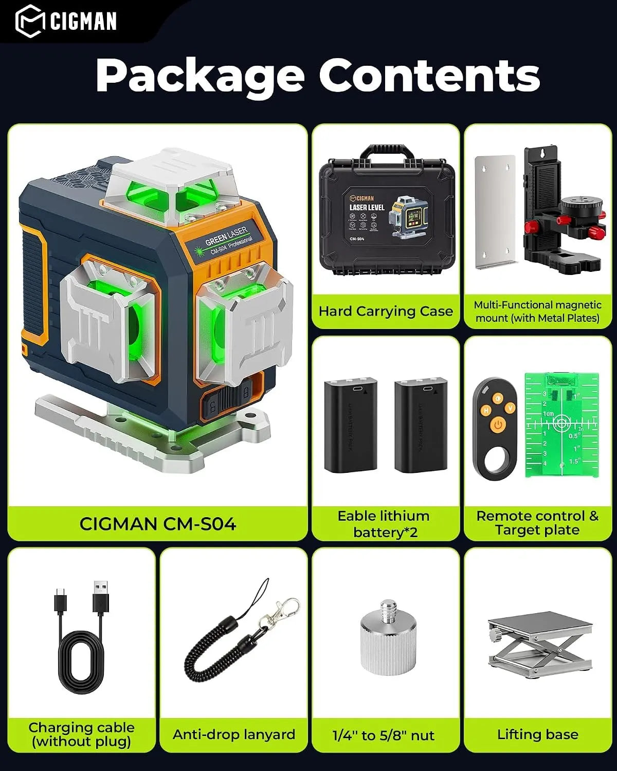 CIGMAN 16 Lines Green Laser Level 4×360° Self Leveling, Side LCD, CMS04 - Image 6