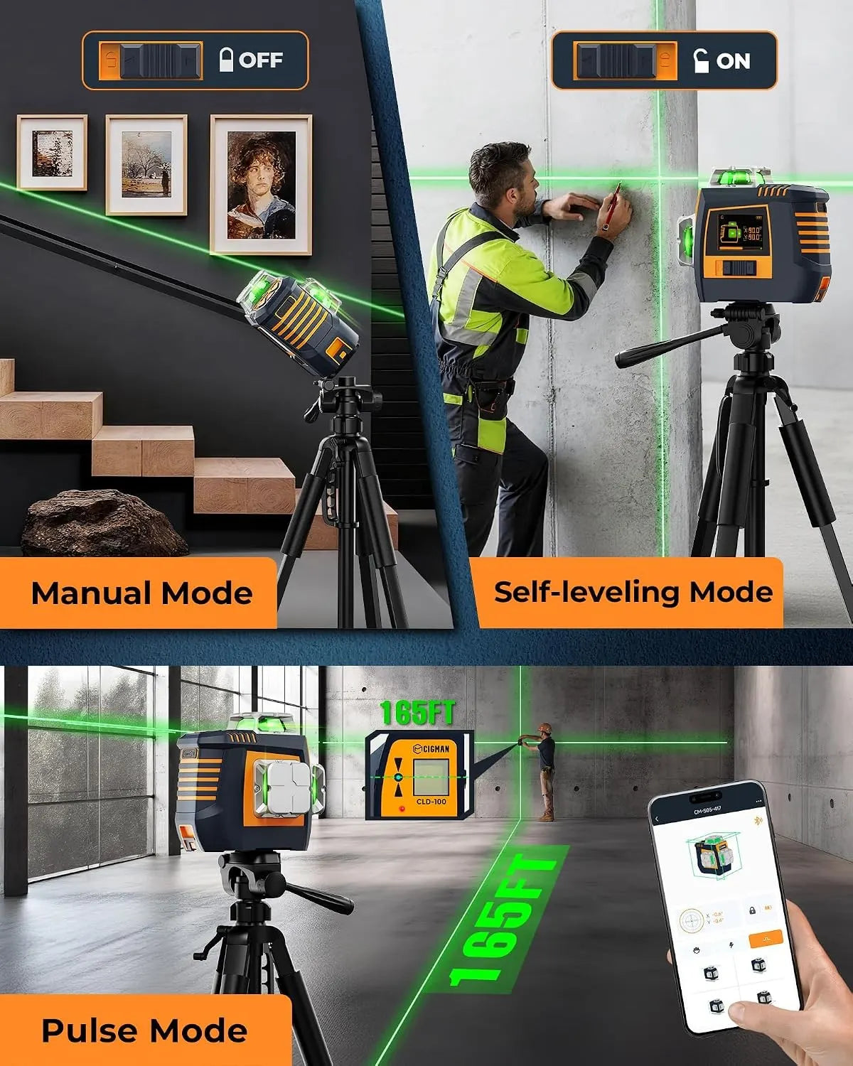 CIGMAN Gesture Control Laser Level with Side Screen Display, 3×360° Green CMS05 - Image 4