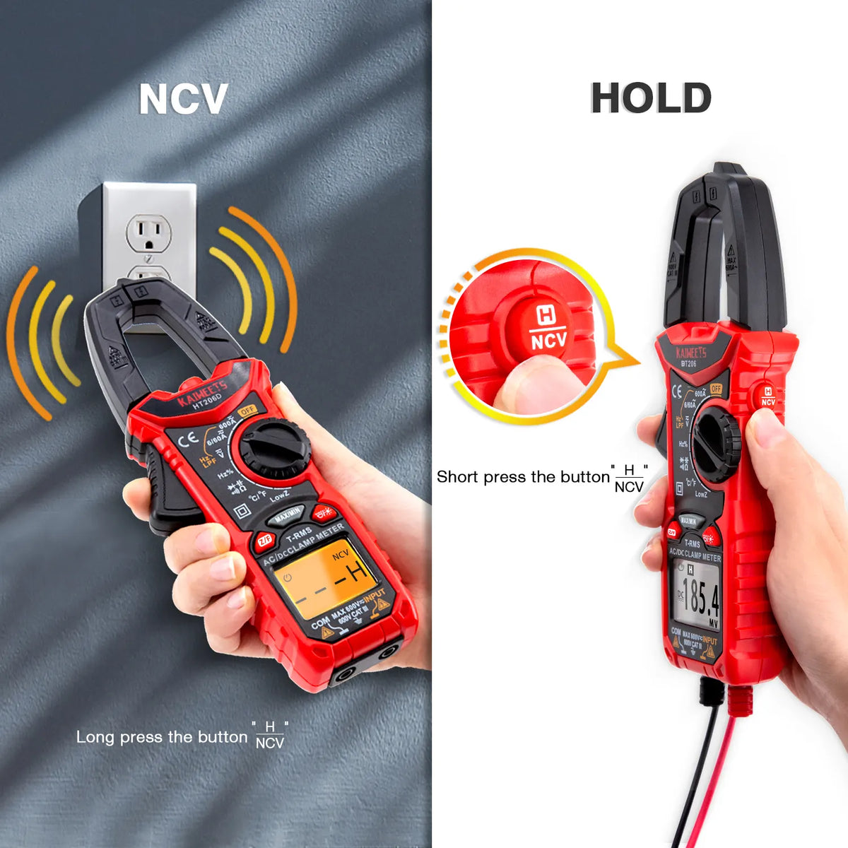 KAIWEETS HT206D Digital Clamp Meter T-RMS 6000 Counts, Multimeter Voltage Tester Auto-ranging, Measures Current Voltage Temperature Capacitance Resistance Diodes Continuity Duty-Cycle (AC/DC Current) - Image 3