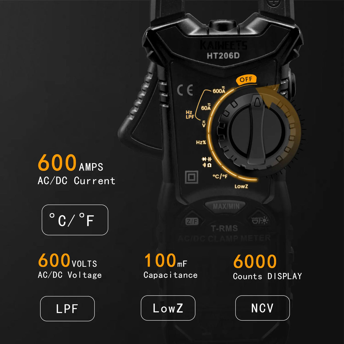 KAIWEETS HT206D Digital Clamp Meter T-RMS 6000 Counts, Multimeter Voltage Tester Auto-ranging, Measures Current Voltage Temperature Capacitance Resistance Diodes Continuity Duty-Cycle (AC/DC Current) - Image 5