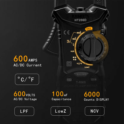 KAIWEETS HT206D Digital Clamp Meter T-RMS 6000 Counts, Multimeter Voltage Tester Auto-ranging, Measures Current Voltage Temperature Capacitance Resistance Diodes Continuity Duty-Cycle (AC/DC Current) - Image 5